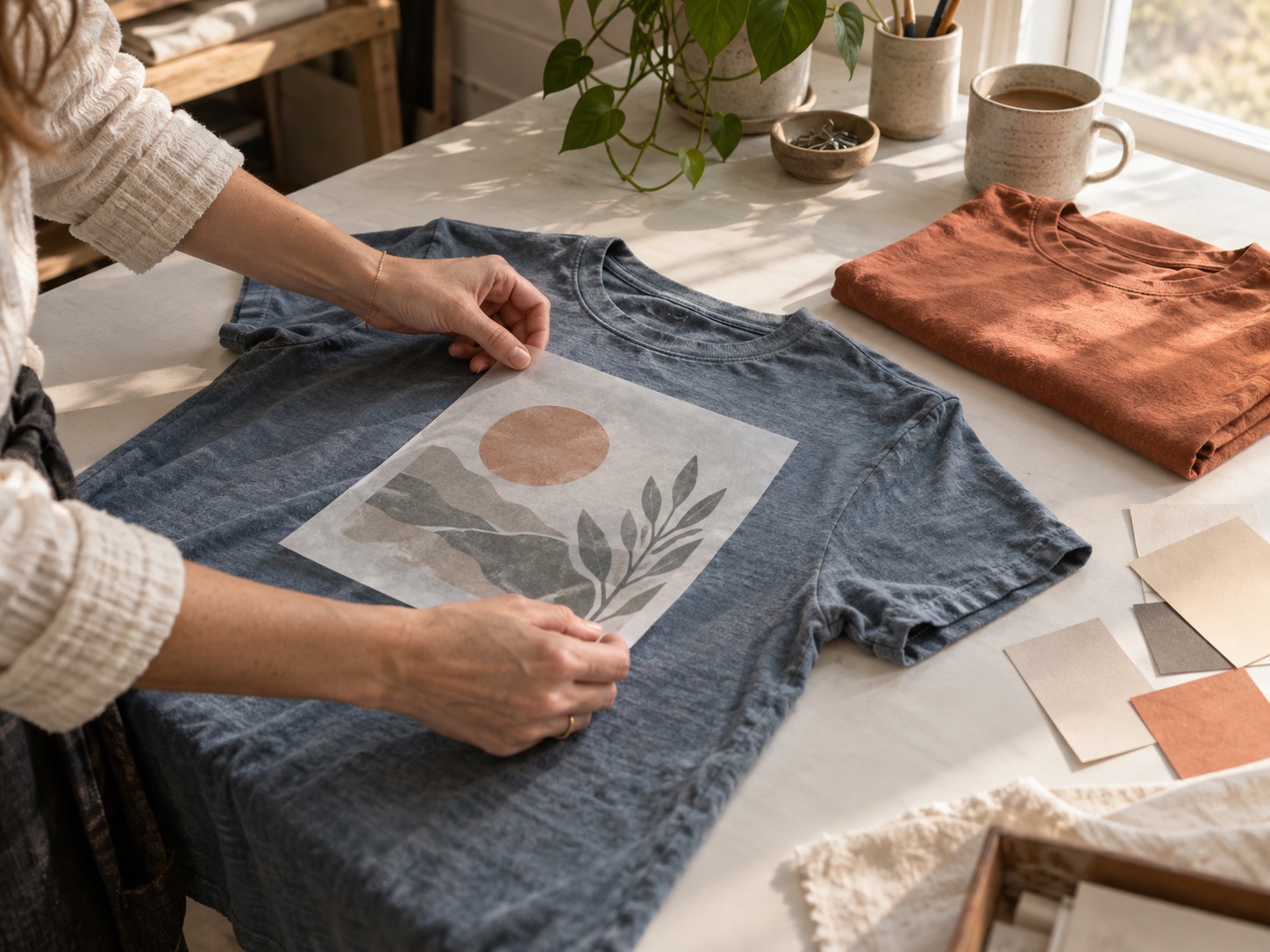 Illustrative concept of artwork placement on a charcoal T-shirt