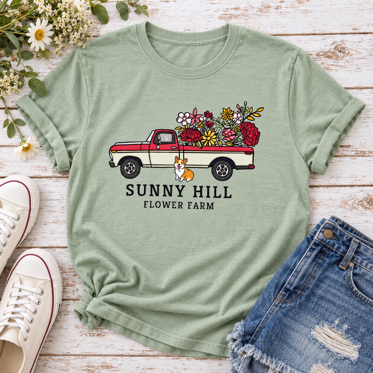Sunny Hill Flower Farm custom T-shirt with Micah’s flower truck illustration