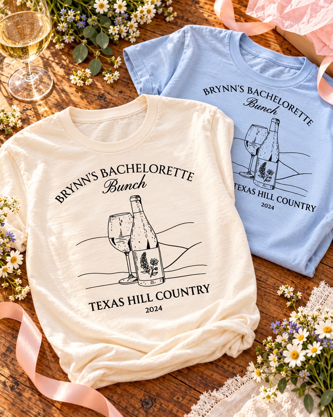 Staged Brynn’s bachelorette party shirts with Micah’s Hill Country artwork
