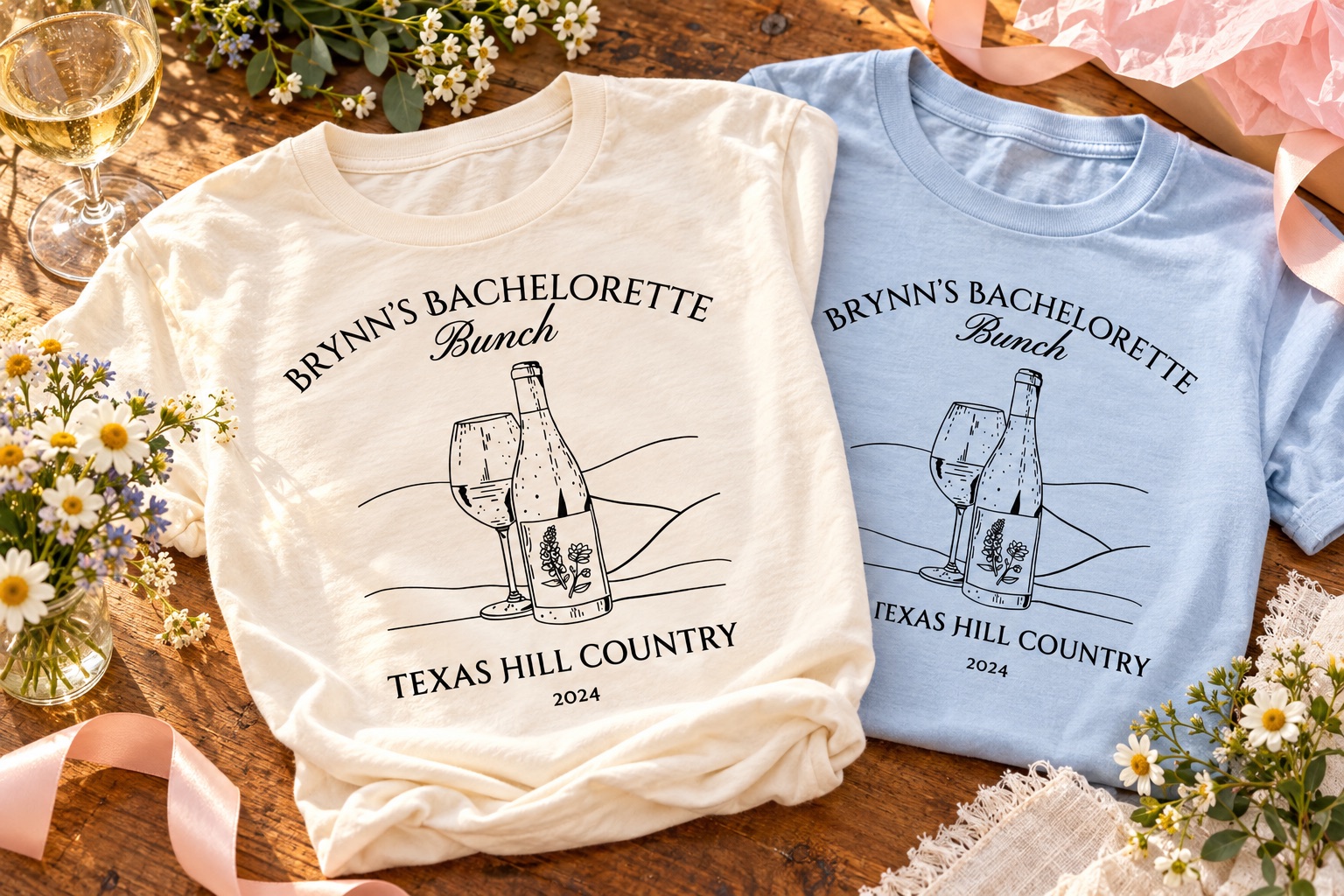 Staged cream and pale blue Brynn's bachelorette party T-shirts with Hill Country artwork