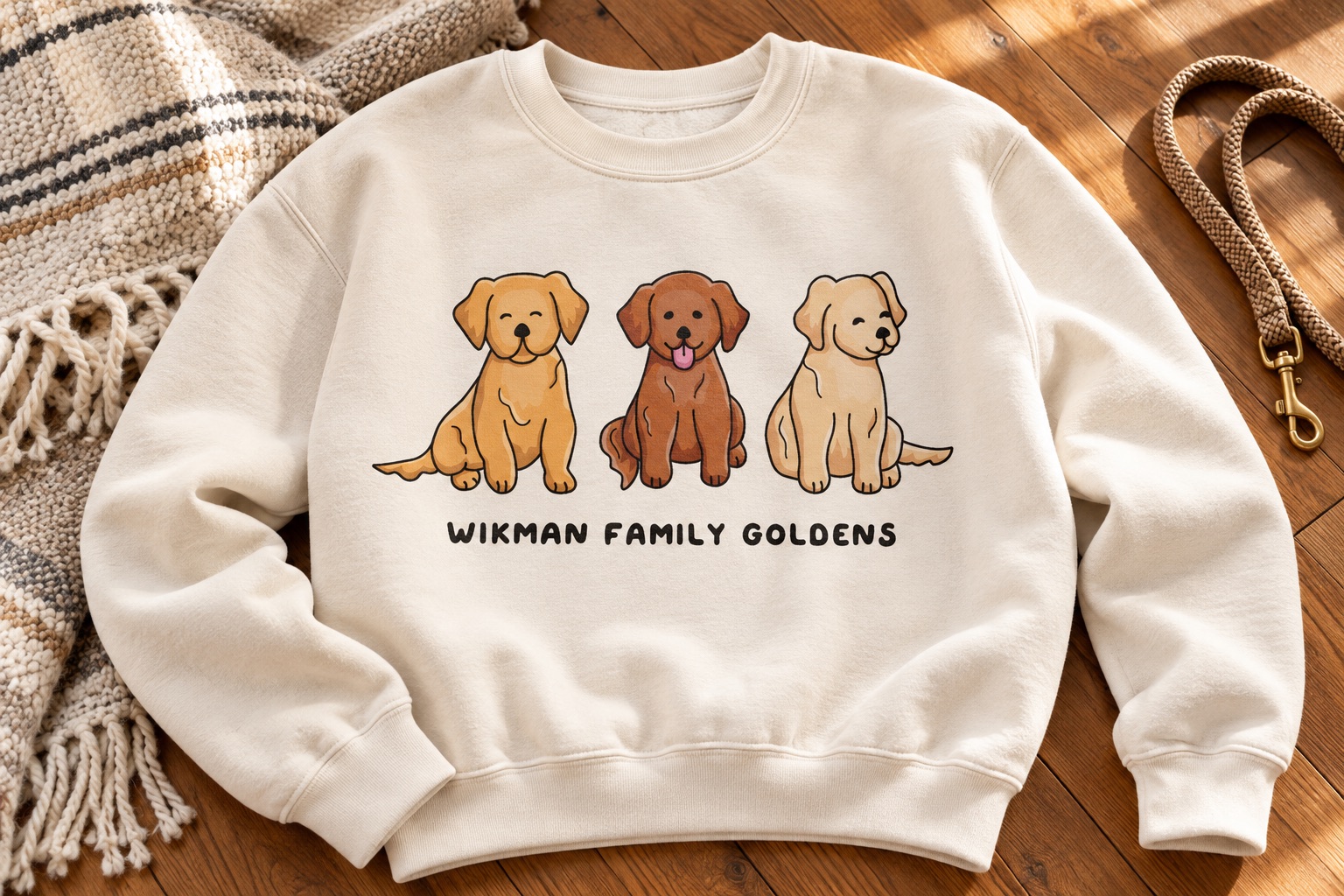Staged Wikman Family Goldens cream sweatshirt featuring Micah's dog illustration