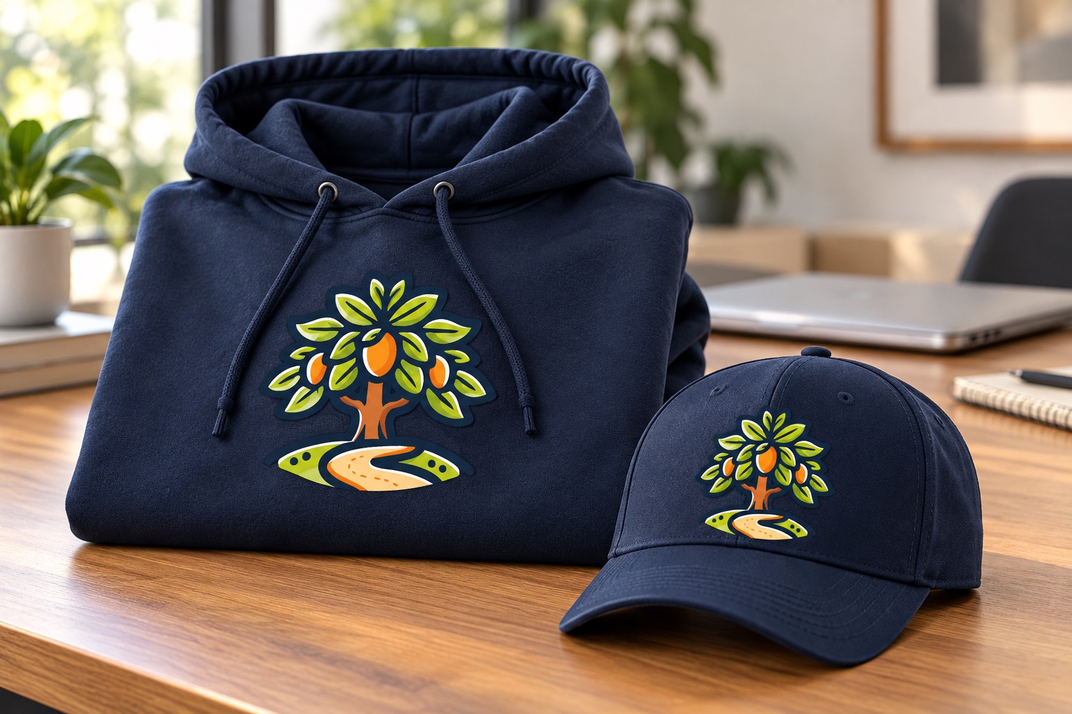 Staged navy Happy Path Software hoodie and hat with prepared logo