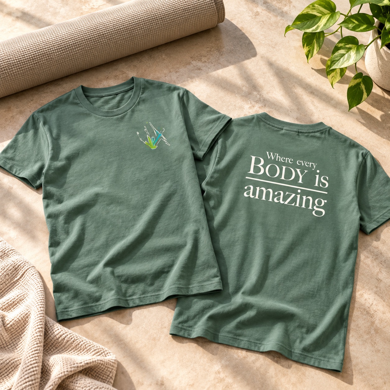 Staged front and back Pilates Center of Austin shirts with supplied logo and message