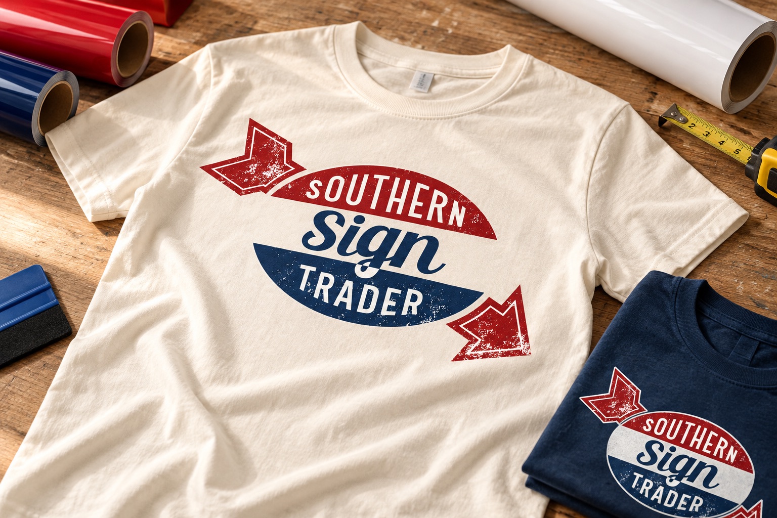 Staged Southern Sign Trader T-shirts with Micah's red and blue Texas logo