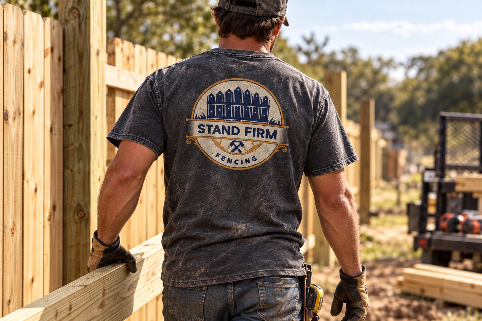 Staged back view of a fencing worker wearing a charcoal Stand Firm Fencing shirt at a fence job