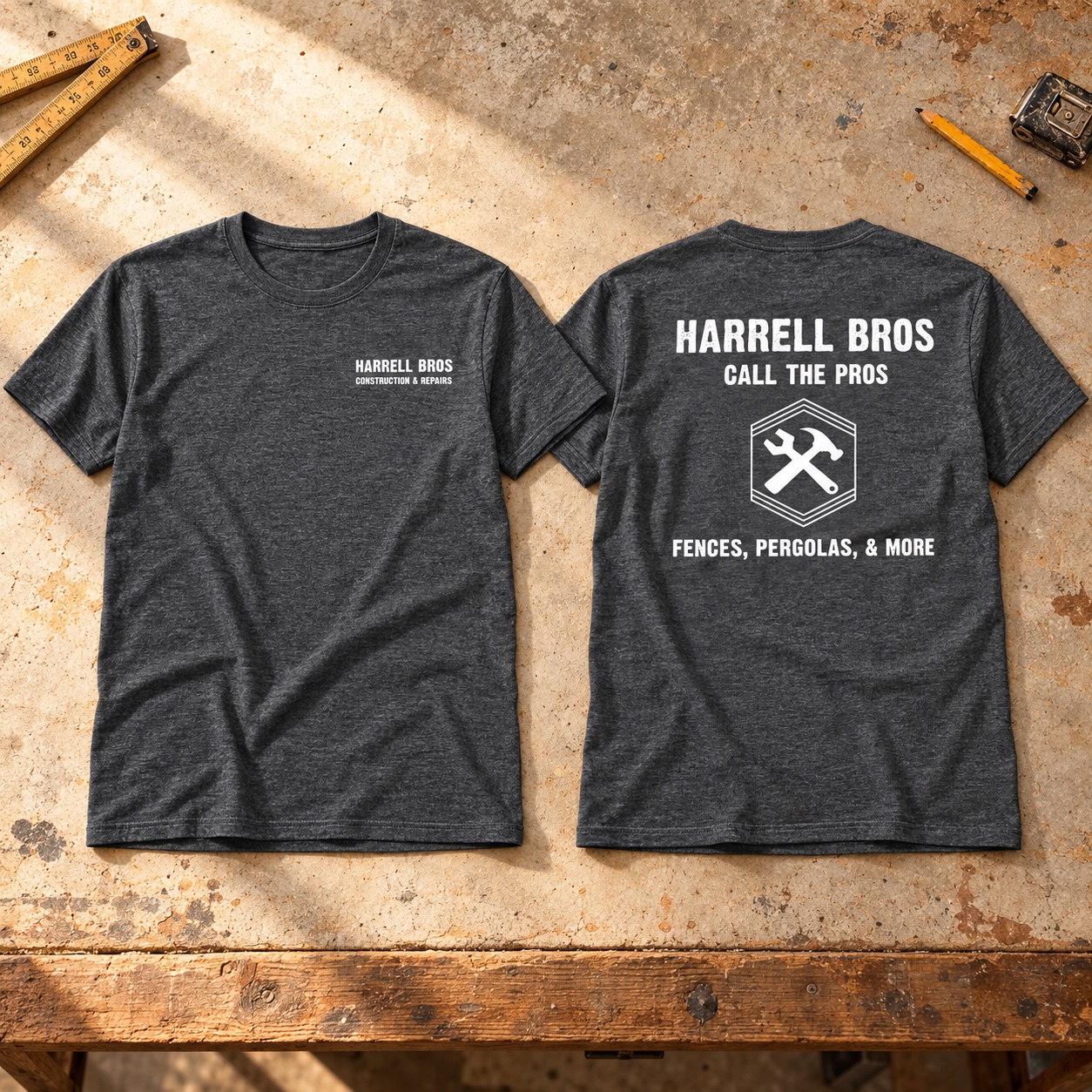Front and back Harrell Bros work shirts laid flat on a workbench