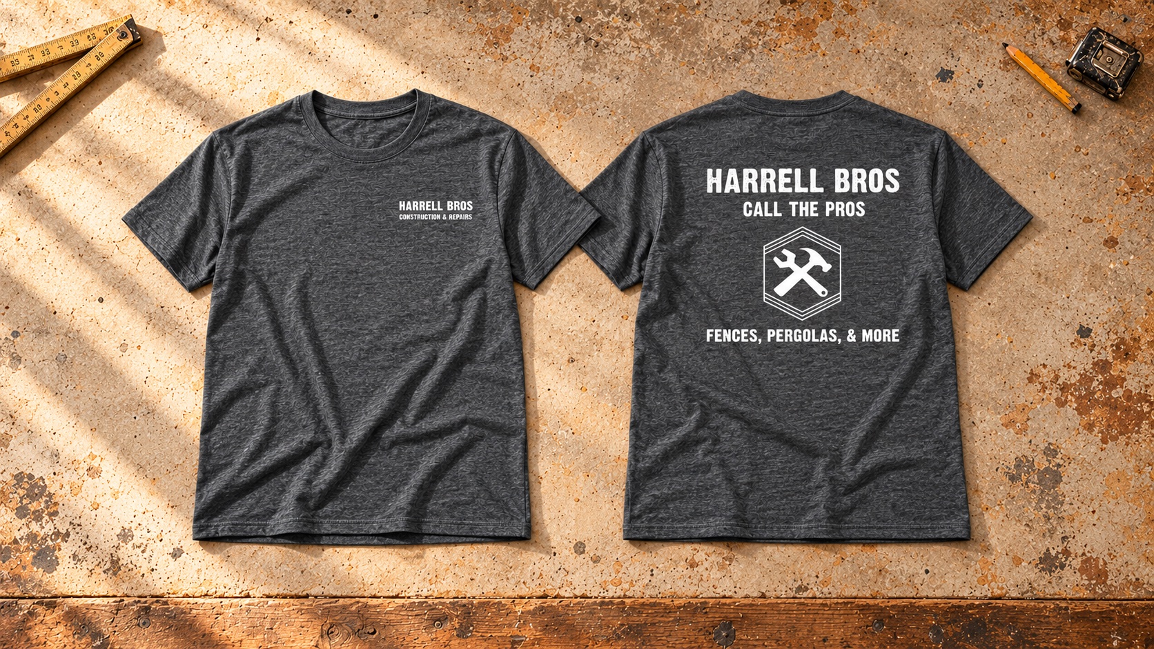 Staged Harrell Bros front and back work shirt with Micah’s artwork